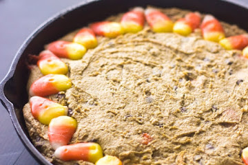 Skillet Healthy Chocolate Chip Cookie Cake with Candy Corn {Whole Wheat, Butter Free + Super