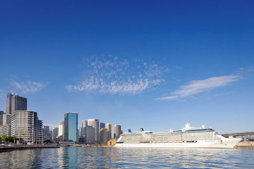 Celebrity Solstice passes the Sydney skyline as it departs Sydney Harbour on a voyage Down Under.