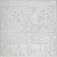 Fragment van een tafellaken van linnendamast met voorstelling: geschiedenis van Susanna; rand met muzikanten en vrouwen