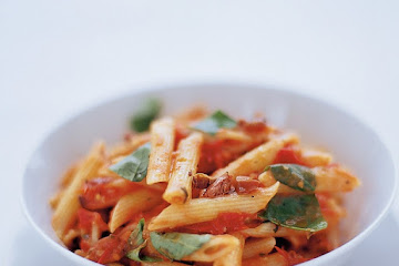 Penne with tomato, basil, olives and pecorino