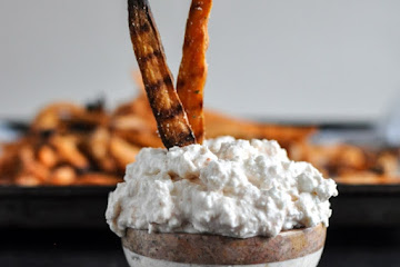 Garlic Butter Sweet Potato Fries with Creamy Feta Dip
