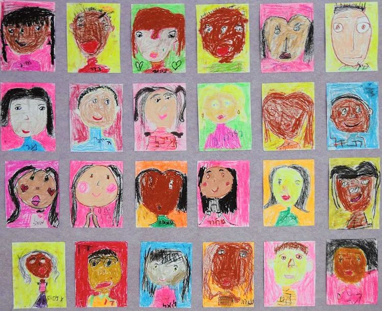 Artwork from children at the multicultural Bialik-Rogozin School in Tel Aviv. The school enrolls about  725 students, chiefly children of immigrants and migrant workers. The kids, ages 5 to 16, hail from 29 countries, including 33 who escaped killings in Darfur. 