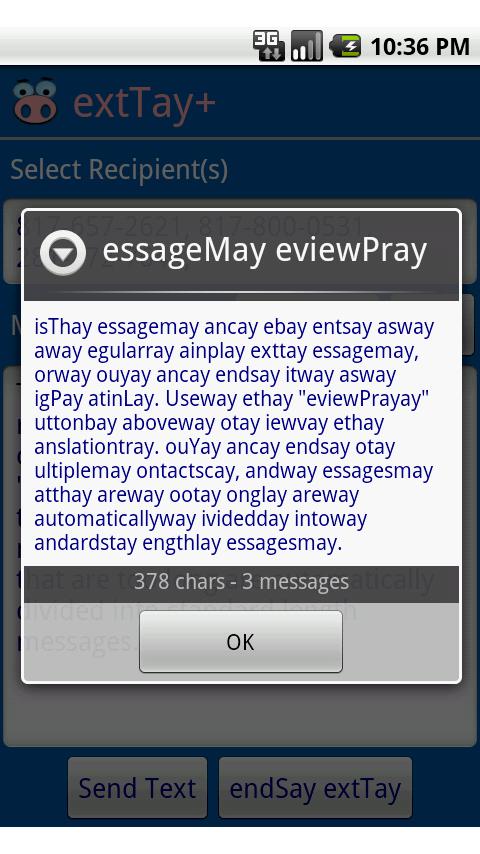 extTay+ Pig Latin for SMS Screen 2