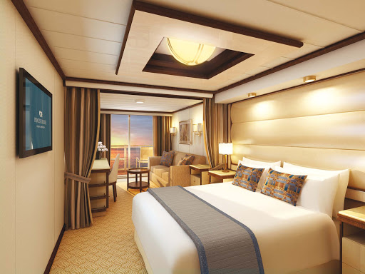 Guests staying in a Mini Suite aboard Royal Princess are given a separate sitting area and coffee table, a walk-in closet, two flat panel TVs, one flat screen TV, a roomy bathtub and many other amentities.