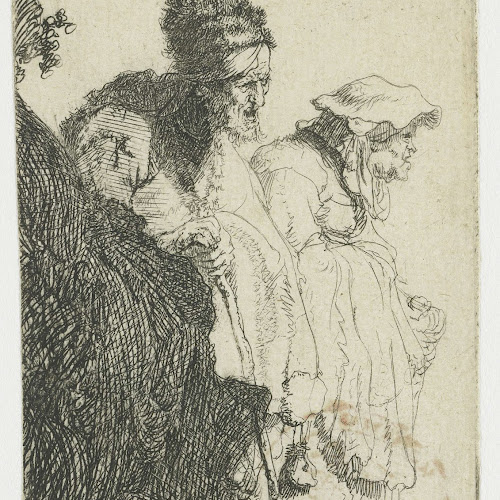 Beggar man and woman behind a bank, Rembrandt van Rijn, c. 1630