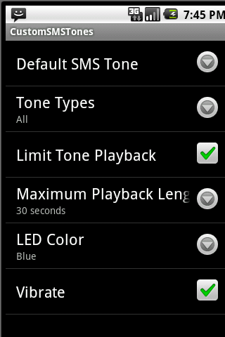 Custom SMS Tones Screen 1