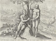 Eva verleidt Adam van de boom te eten