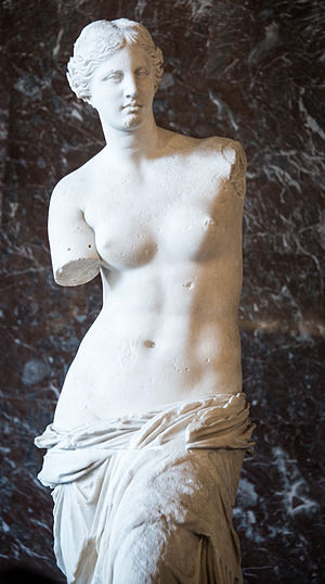 The Venus de Milo (created 130-100 BC, discovered on the small Aegean island of Melos in 1820) is believed to depict Aphrodite, the Greek goddess of love and beauty. See it at the Louvre in Paris.