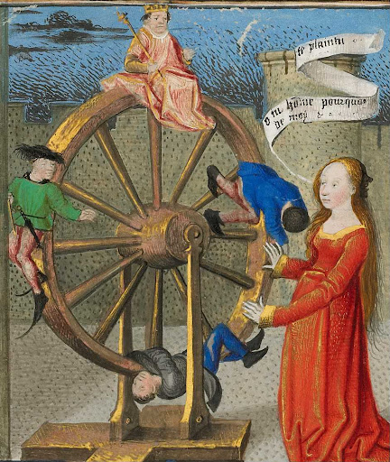 Philosophy Consoling Boethius and Fortune Turning the Wheel (Main View (.1.verso) / book image source)