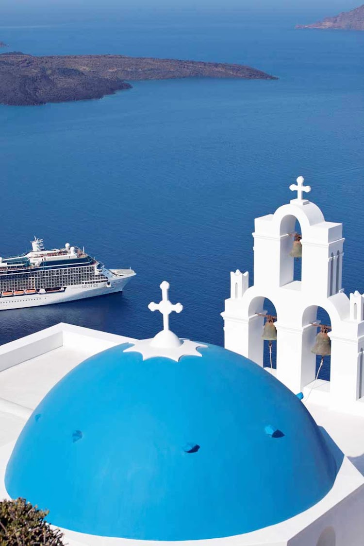 Celebrity Solstice will travel through the deep blue waters around the Greek Island of Santorini.