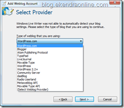Add weblog account in Windows Live Writer