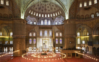 An interior view of the Sultanahmet Camii, or Blue Mosque, in Istanbul, Turkey.