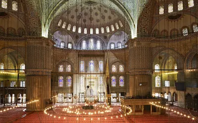 An interior view of the Sultanahmet Camii, or Blue Mosque, in Istanbul, Turkey.