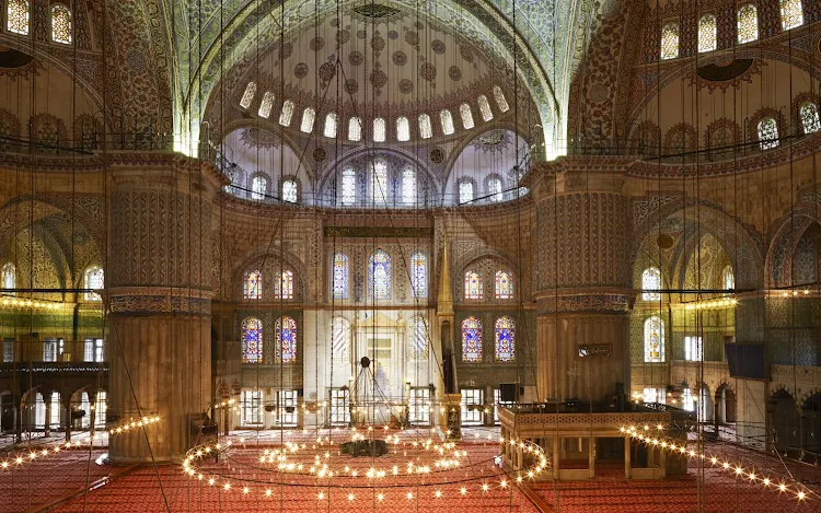 An interior view of the Sultanahmet Camii, or Blue Mosque, in Istanbul, Turkey.