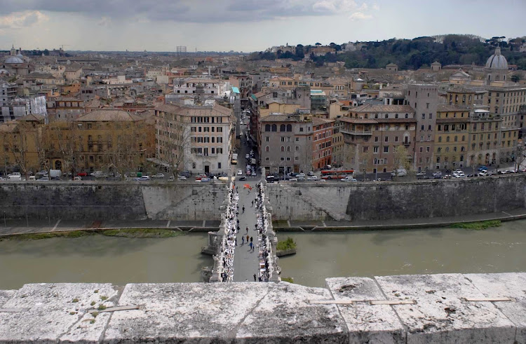 Looking down on the Ponte Sant'Angelo and the Tiber River from the top of Castel Sant'Angelo, Campo Marzio, Rome.