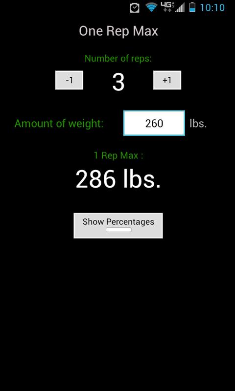 Android application 1 Rep Max screenshort
