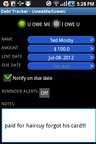 Debt Tracker - UoweMe/IoweU Screen 2