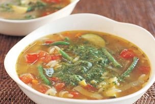 Summer Vegetable Minestra with Orzo and Arugula Pesto