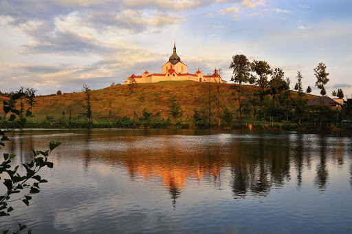 A view from the river of the  17th-century Pilgrimage Church of St. John of Nepomuk at Zelená Hora in the Czech Republic.
