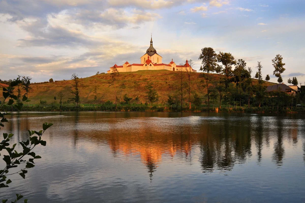 Czech-Zelena-Hora-church-2 - A view from the river of the  17th-century Pilgrimage Church of St. John of Nepomuk at Zelená Hora in the Czech Republic.