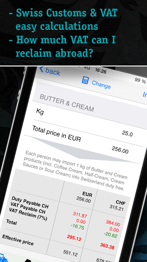 Android application Swiss Customs &amp; VAT screenshort