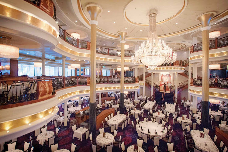 Navigator of the Seas' three-level main dining room offers a wide variety of menu items for breakfast, lunch and dinner.