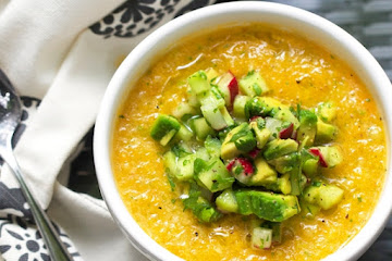 Gazpacho with Cucumber Radish Avocado Topping