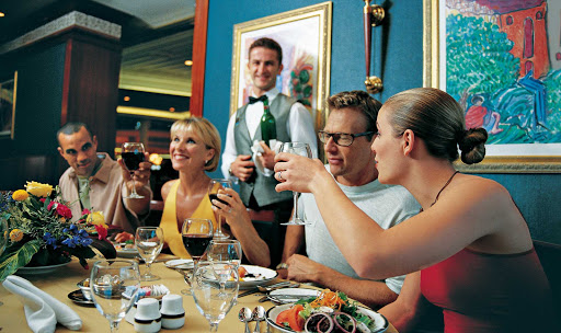 Voyager-of-the-Seas-couples-dine - You'll have a variety of dining options on Voyager of the Seas, whether you choose the ship's three-story opera-themed main dining room, the specialty restaurant Portofino (extra charge, reservations recommended) or a more informal cafe or grill.