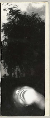 Het hoofd van een liggende vrouw, met op de achtergrond het silhouet van een kerkhof