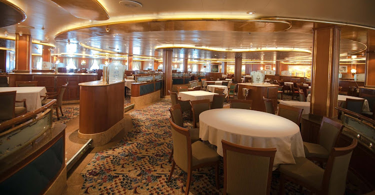 The Capri dining room, one of three main dining rooms aboard Star Princess. It's midship on deck 5 and open for anytime dining at dinnertime. 