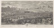 Koning Lodewijk XIV van Frankrijk rijdt met zijn gevolg over de Pont-Neuf