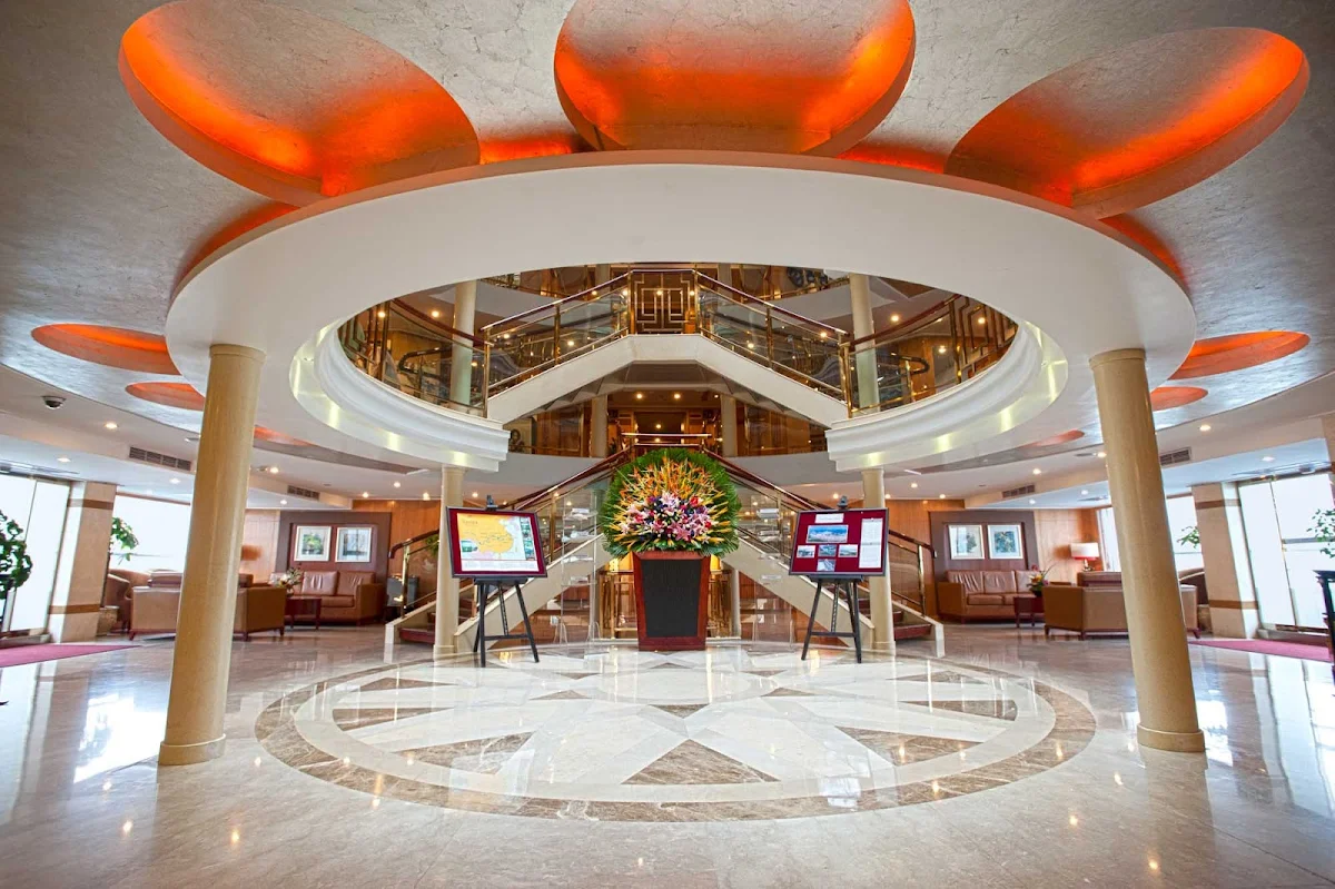 Viking-River-Cruises-Emerald-Atrium-Lobby - The marble floors, crystal chandeliers and soaring five-story atrium should make a good first impression when you arrive for your sailing on Viking Emerald. 