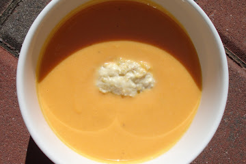 Chilled Carrot Almond Dessert Soup with Almond Raisin Pesto