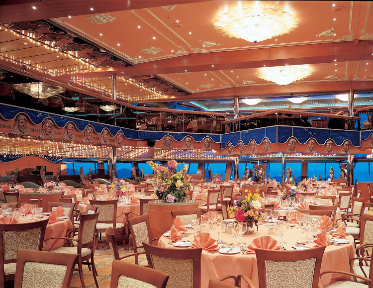 When at sea, the two-level Pacific Restaurant, one of Carnival Victory's main dining halls, serves breakfast, lunch and dinner.