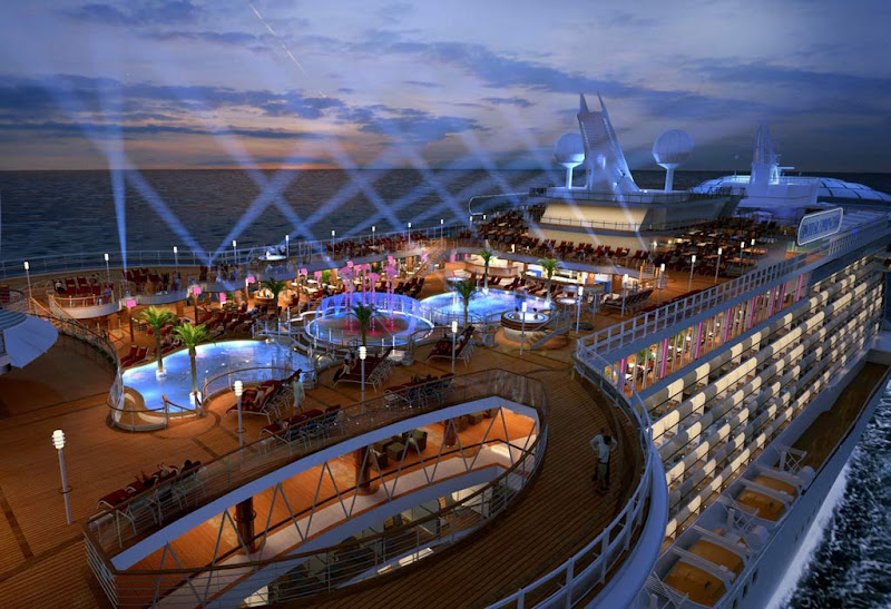 The brilliantly lit deck of Royal Princess at night.