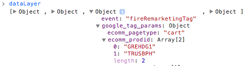 dataLayer in Chrome console showing object properties