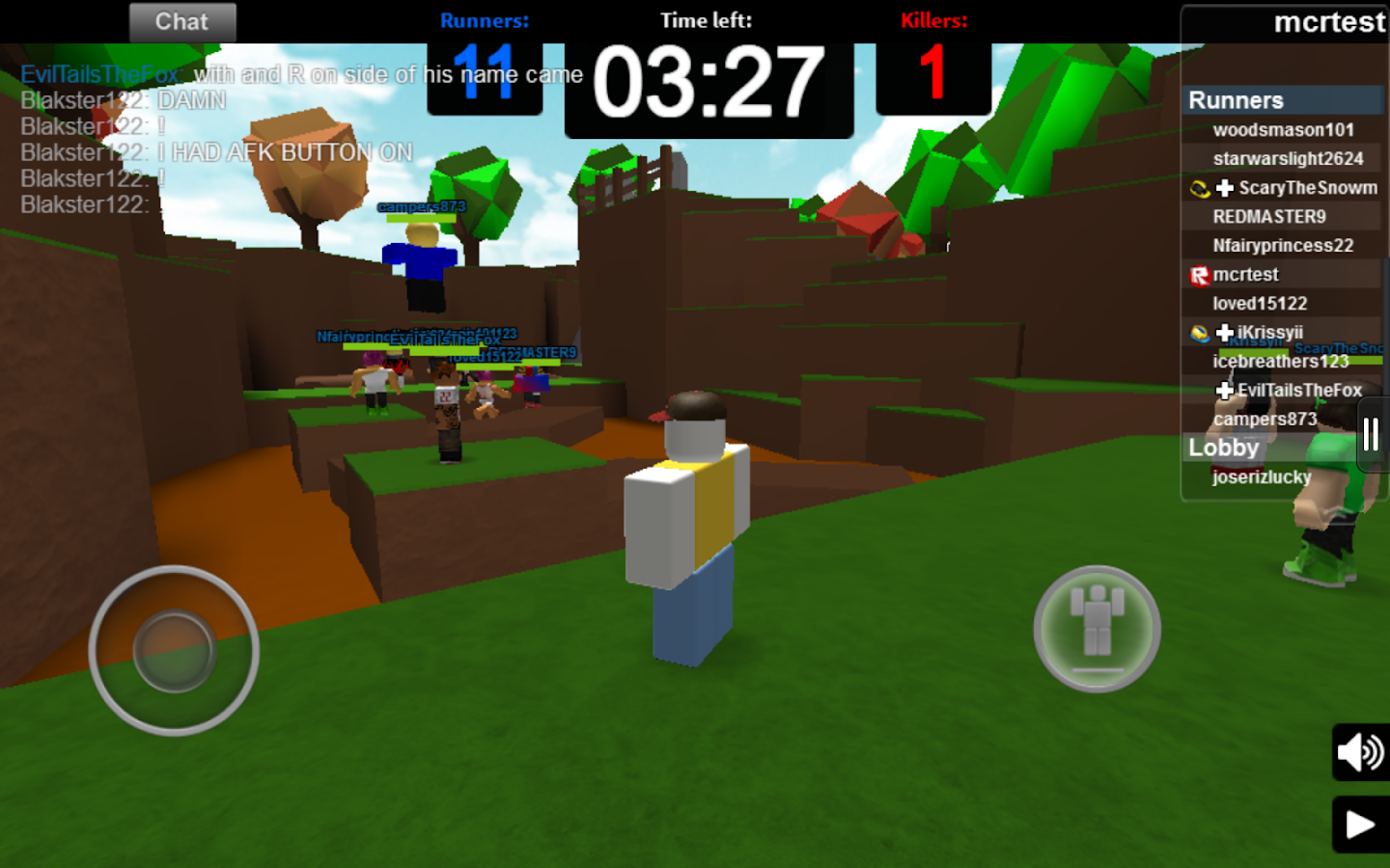 Roblox gameplay screenshot with avatars navigating a blocky map and mobile-style controls