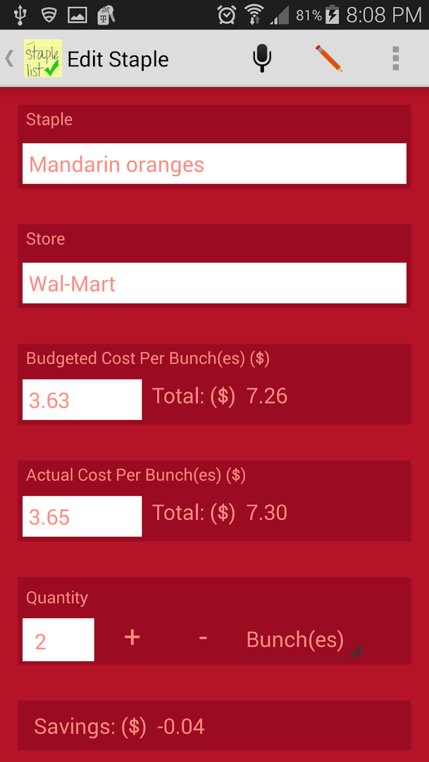 Staple List Screen 2