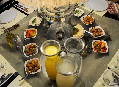 Middle Eastern food served in a market in Jerusalem. 