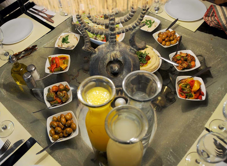 Middle Eastern food served in a market in Jerusalem. 