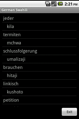 German Swahili Dictionary Screen 2