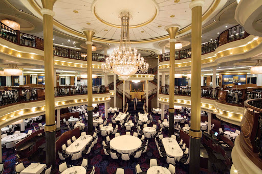 A view of Voyager of the Sea's beautiful three-level main dining room.