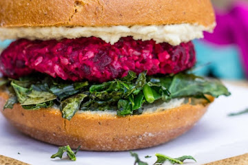 Roasted Beet, Brown Rice & Chickpea Burgers with Crispy Kale & a Thyme Tahini Sauce {gf+v}
