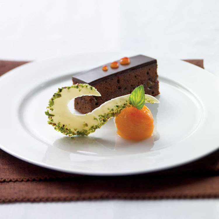 A sacher torte prepared in Celebrity Cruises's Main Restaurant.