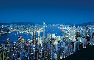 A view of Hong Kong and the harbor from Victoria Peak at night. 