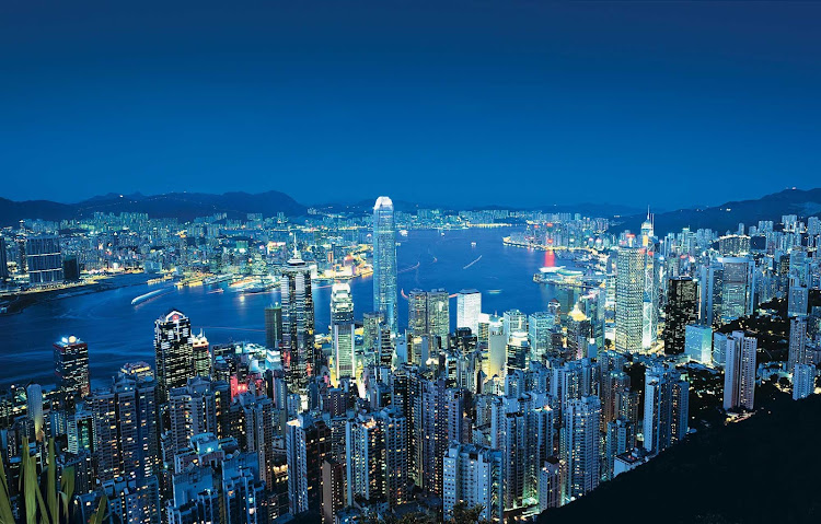 A view of Hong Kong and the harbor from Victoria Peak at night. 