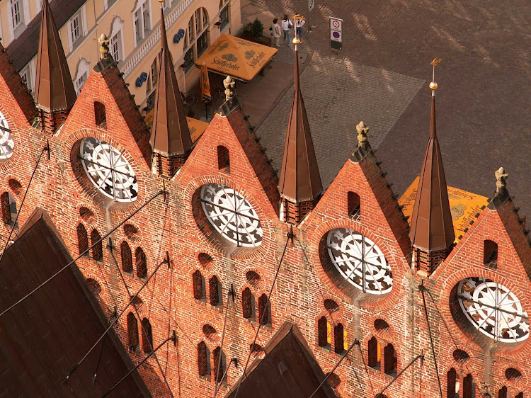 View across the Stralsund town hall gables to Alter Market Square, Germany.