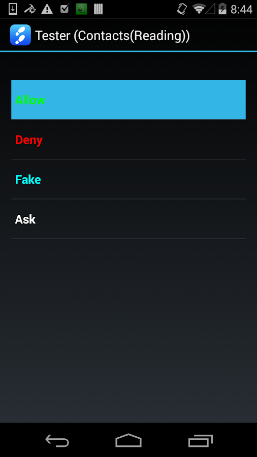 Controls: 'Allow', 'Deny', 'Fake', 'Ask' Controls: 'Allow', 'Deny', 'Fake', 'Ask'