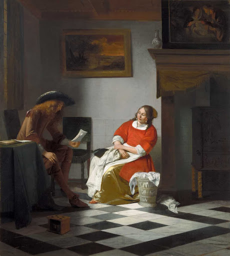 Man reading a letter to a woman