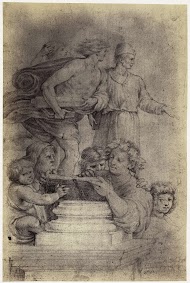 Fotoreproductie van een tekening van Rafaël, tafereel rond een boek